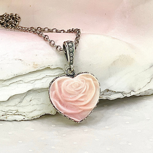 Dainty Pink Cameo Heart Necklace, Shell Jewelry, Victorian Rose, Valentines Day Gift, Romantic Gift for Wife