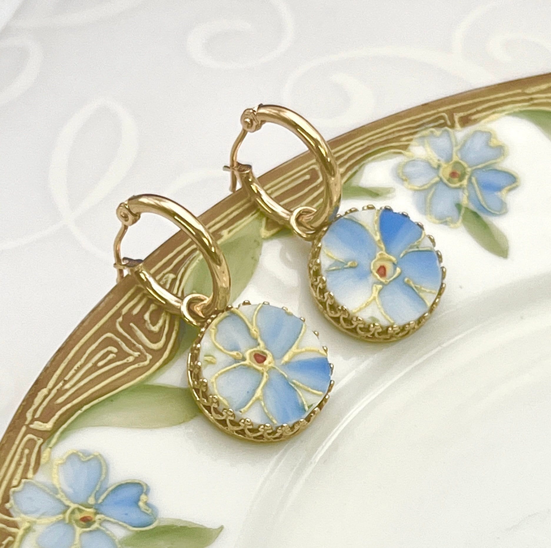 14k Gold Hoop Earrings, Antique Forget Me Not Porcelain, Broken China Jewelry, 18th and 20th Anniversary Gifts, Hand Painted China Jewelry