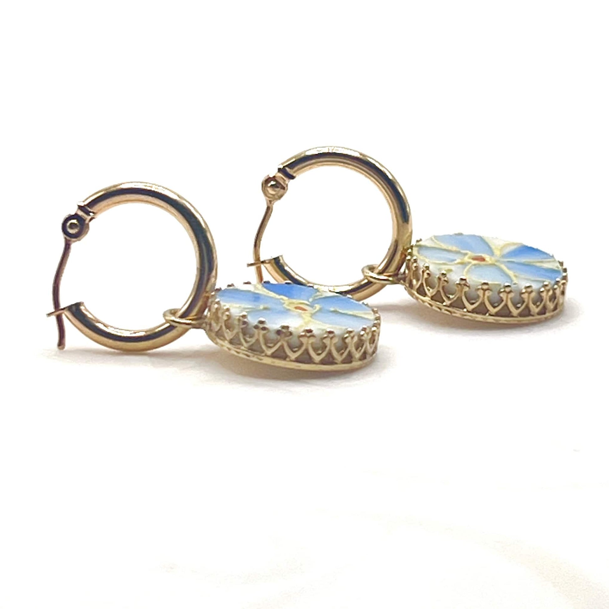 14k Gold Hoop Earrings, Antique Forget Me Not Porcelain, Broken China Jewelry, 18th and 20th Anniversary Gifts, Hand Painted China Jewelry