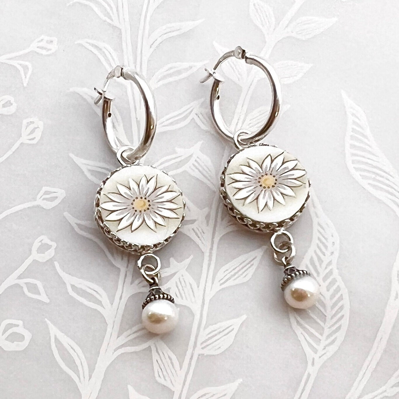 Daisy Sterling Silver Hoop Earrings, Unique 20th Anniversary Gift for Wife, Broken China Jewelry, Pearl Drop Earrings, Gifts for Women