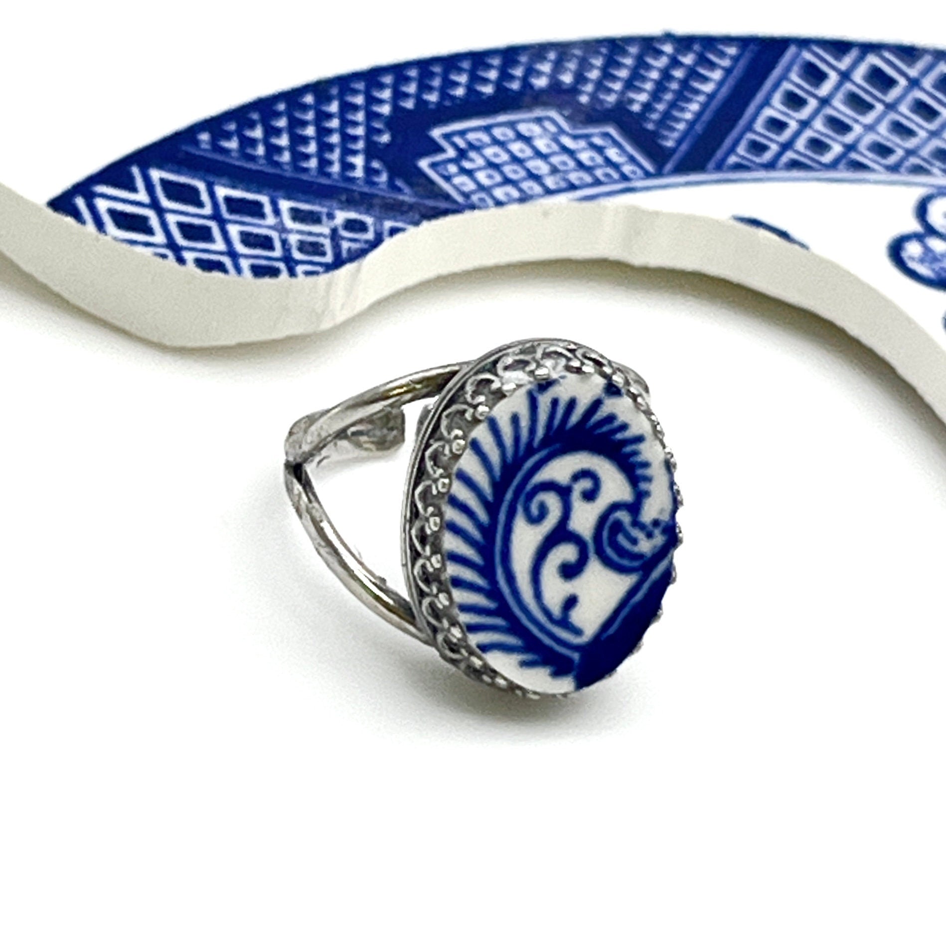 Blue Willow Broken China Jewelry Ring, Adjustable Sterling Silver Ring, Blue and White Jewelry, Fern Swirl Jewelry, Unique Gifts for Women
