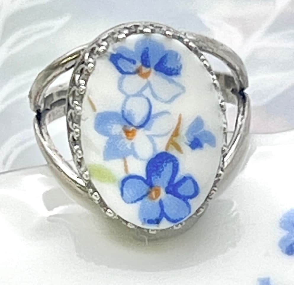 Adjustable Sterling Silver Flower Ring, Forget Me Not Broken China Jewelry, Gifts for Women, Oval China Rings, Romantic Flower Jewelry