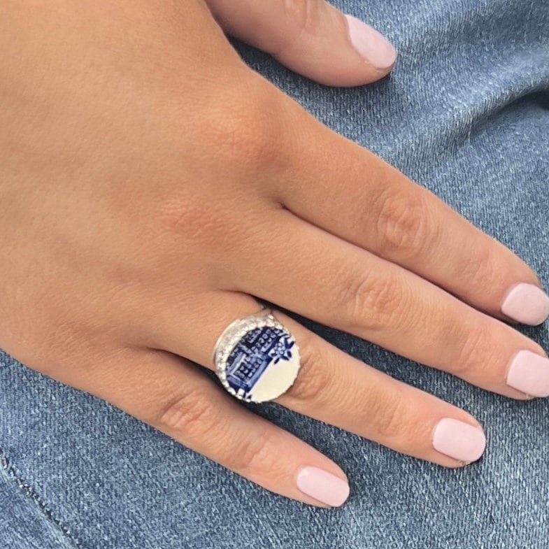 Vintage Blue Willow Ring, Repurposed Broken China Jewelry, Adjustable Sterling Silver Ring for Women, Round Geometric Blue China Ring