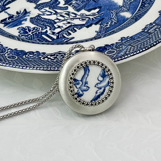 Blue Willow Love Birds Locket Necklace, Anniversary Gifts for Her, Photo Locket, Broken China Jewelry, Sterling Silver