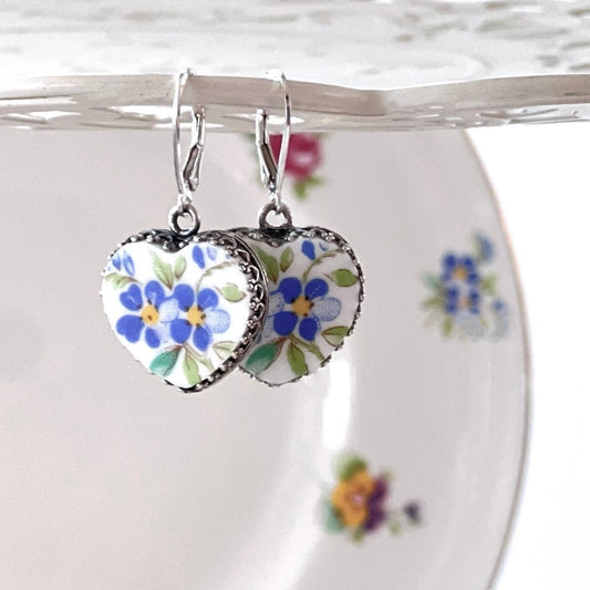 Forget Me Not China Earrings, 20th Anniversary Gift for Wife, Broken China Jewelry, Heart Gifts