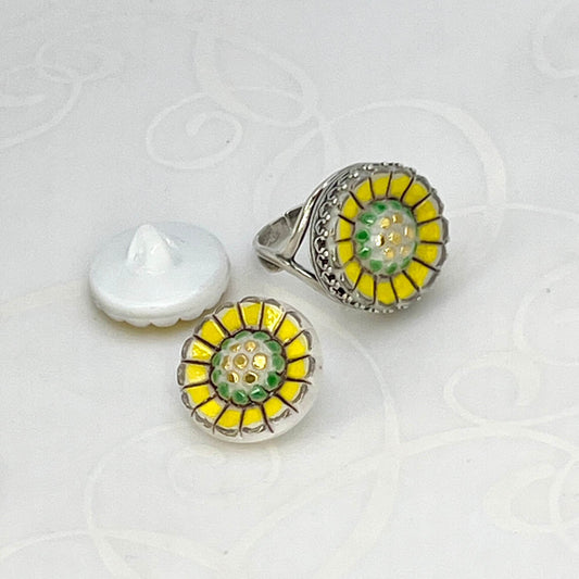 Vintage Sunflower Glass Button Jewelry, Sterling Silver Adjustable Statement Ring, Victorian