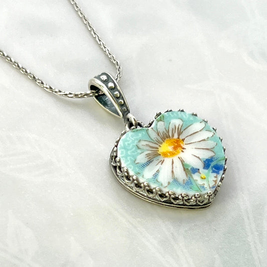 Sterling Silver Daisy Necklace, 20th Anniversary China Gift for Wife, Romantic Broken China Jewelry