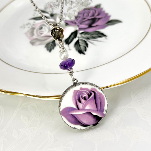 Amethyst Jewelry, 20th Anniversary Gift for Wife, Purple Rose Necklace, Broken China Jewelry