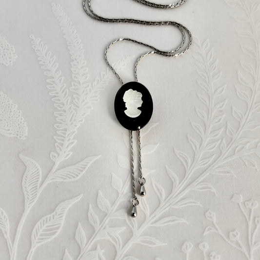 Vintage Black Glass Cameo Necklace, Adjustable Long Silver Necklace, Unique Gift for Her
